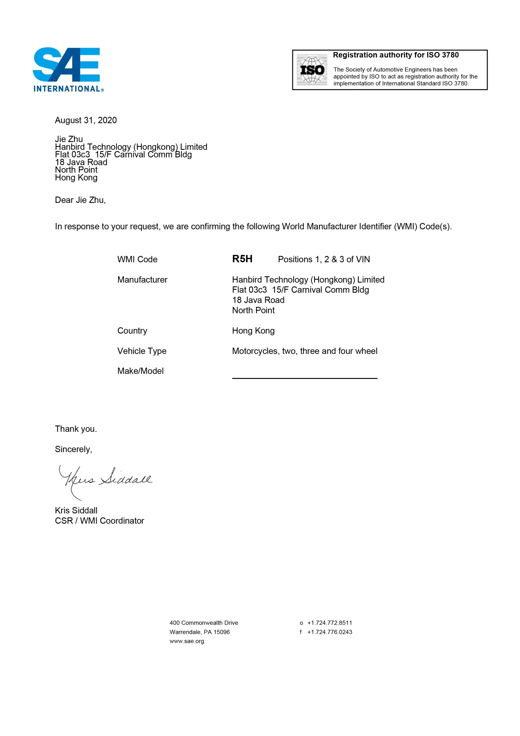 SAE WMI registration R5H